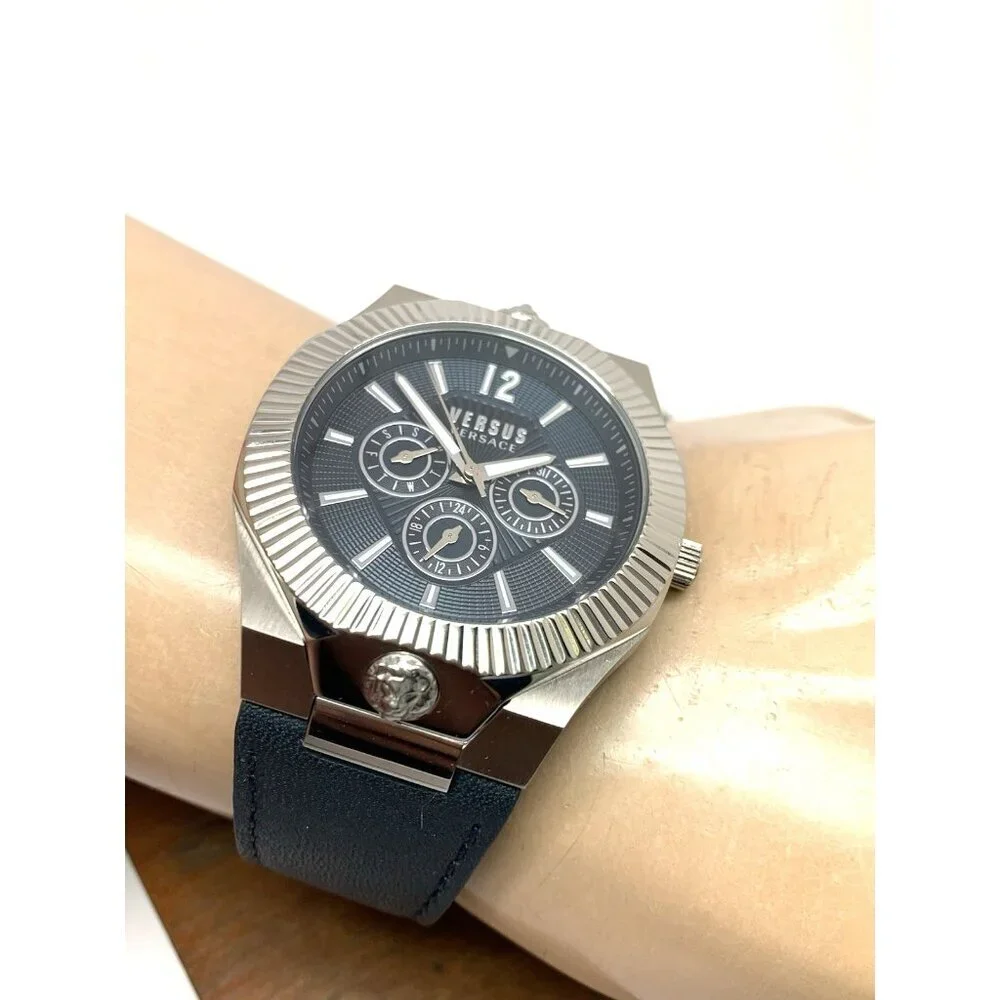 Versus by Versace Mens Watch VSP1P1121 Quartz Blue Gray Dial Silver Leather 42mm
